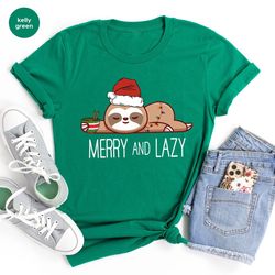 Merry Christmas Shirt, Funny Sloth Shirts, Lazy Sloth Graphic Tees, Merry and Lazy Tshirt, Christmas Lights Tshirts, Gif