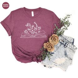 Minimalist Book Tshirt, Cute Wild Flower Shirt, Gifts for Bookworm, Reading Book Shirts, Aesthetic Floral Tshirt, Minima