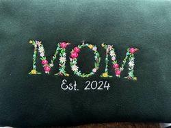 Personalized Flower Mom Embroidered Sweatshirt, Custom Mama Embroidered Crewneck With Kids Names, Gift For Mom