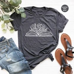 Reading Book Tshirt, Minimalist Flower Shirts, Floral Book Graphic Tees, Book Flowers Shirt, Gifts for Bookworm, Librari
