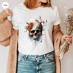 Watercolor Skulls Shirt, Groovy Graphic Tees, Cool Floral Skeleton T Shirt, Skeleton Clothing, Trendy Gift for Her, Birt