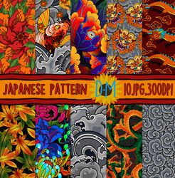 Japanese seamless pattern, oriental tattoo pattern set for scrapbooking, fabric and crafting, snake, foodog, koi, dragon