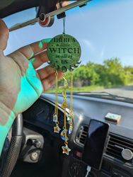 Wooden Car Rear View Mirror Charm  'There is a Little Witch in All of Us' with Broomstick
