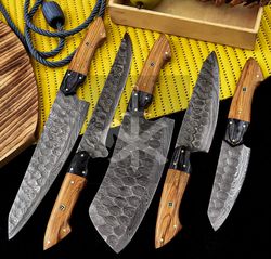 Damascus Chef Set, Handmade Kitchen Knives Pakka Wood Handle, Meat Cleaver, Fillet Knife, Santoku Knife, BBQ Knives.
