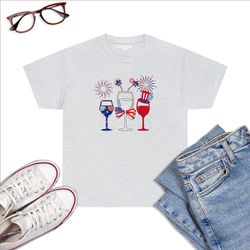 4th Of July Red White Blue Wine Glasses Fireworks Usa Flag T-Shirt
