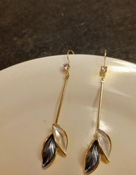 Gold long bar and enamel leaves earrings. Minimal floral white blue leaf earrings Korean streetwear earrings.rring