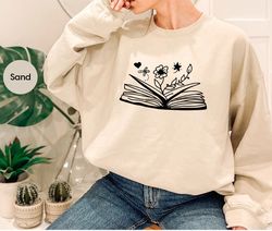 Cute Flower Sweatshirt, Books with Flowers Hoodies, Floral Book Long Sleeve Shirt for Librarian, Minimalist Reading Book