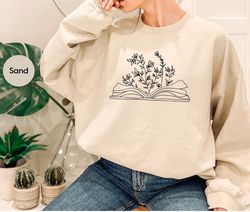 Minimalist Book Hoodies, Cute Wild Flower Sweatshirt, Gifts for Bookworm, Reading Book Long Sleeve Shirt, Aesthetic Flor