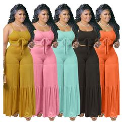 Trendy casual plus size women clothes clothing summer tank top and flare pants two 2 piece set fat lady (US Customer)