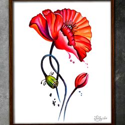 Red poppy print California poppy flower 2 watercolor painting, Floral canvas wall art illustration Botanical wildflower