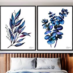 Eucalyptus leaf art print Set 2 large botanical floral canvas wall art Blue home living room wall decor Herb kitchen