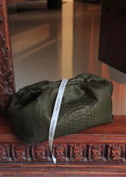 Genuine python skin khaki pouch bag | exotic leather bags | medium size soft clutch | green designer bag | gift for her