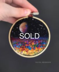 Embroidered & needle felted Space painting, tiny thread painting, outer space artwork