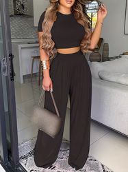 Summer Two Pieces Set High Waist Floral Print Wide Leg Pants Outfits & Cropped Solid Short Sleeve T-shirt