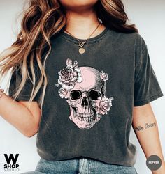 Bloom Skull Womens T-Shirt, Sugar Skull Art Tshirt Gift For Her, Floral Skull Print Boho Graphic Tee, Flower Skull, Comf
