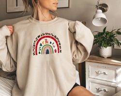 Rainbow Christmas Sweatshirt, Merry & Bright Shirt, Women Christmas Gift Idea, Trendy Christmas Rainbow Sweatshirt, Wome