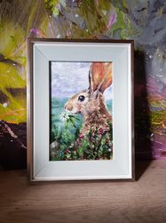 Original Small Oil Painting in a frame under glass cute animal bunny