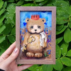 Original Small Oil Painting in a frame under glass A little bear