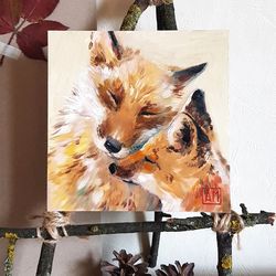 Original Small Oil Painting Cute family of foxes