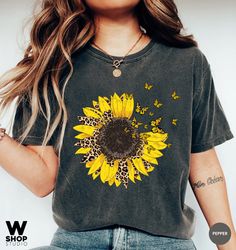 Sunflower Shirt, Leopard Floral Tee Shirt, Butterfly Flower Shirt, Garden Shirt, Oversized Tshirt, Comfort Colors