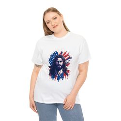 Patriot Jesus Shirt From The God And Country Collection 1 Of 6 Patriot Jesus With A Red White And Blue Background