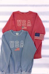 USA Embroidered Varsity Crewneck Sweatshirt, Comfort Colors Summer 4th of July, Independence Day Red White and Blue Unit