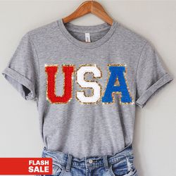 Chenille Patch 4th of July Shirt for Women, Glitter USA Shirt, Fourth of July 4th Mommy and Me Outfits Toddler