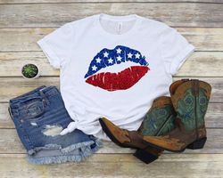 Red White and Blue Glitter shirt, Fourth of July, Stars and Stripes, Independence Day, Lip shirt, USA, Patriotic