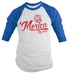 Shirts By Sarah Men's Patriotic 'Merica Est. 1776 Eagle Distressed 3/4 Sleeve Raglan Shirt 4th July Shirt