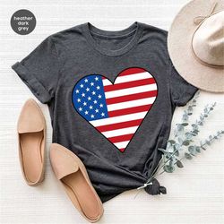 Girls Fourth Of July T Shirts, American Flag Shirt, Cute Heart Graphic Tees, Patriotic Mom Vneck Shirt, Happy 4th of Jul
