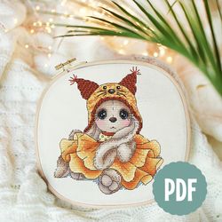Squirrel Hat Bunny Cross Stitch, Rabbit Cross Stitch, Animal Cross Stitch, Unique Baby Gift, Instant Download Pattern
