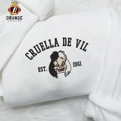 Villains Cruella Embroidered Crewneck, Halloween Sweatshirt, Cruella de Vil Embroidered Hoodie, Unisex T-shirt