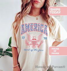 USA shirt, Summer BBQ t-shirt, Red White and Blue, America Tee, Comfort Colors Women's 4th of July, Fourth of July Shirt