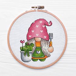Garden Gnome Cross Stitch Pattern Pdf, Cactus Cross Stitch, Funny Spring Dwarf, Small Kawaii Embroidery, Mini Gnome