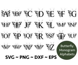Butterfly Monogram Alphabet SVG, PNG, butterfly designs svg , Cut File for Cricut, Silhouette, 26 Individual Cut Files