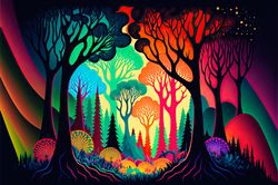 Psychedelic Forest, Colorful Art, Bright.