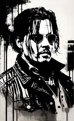 Portrait of Johnny Depp, Black and White, Ink-Bleed Style