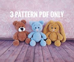 Set 3 Crochet Bunny, bear and cat toy pattern, Amigurumi Patterns, seamless crocheted kitten instructions, baby shower