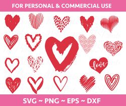 Hand drawn Hearts Bundle, Hearts Collection, Heart Silhouette, Love svg, SVG, PNG, EPS, Dxf, jpg digital download, For C