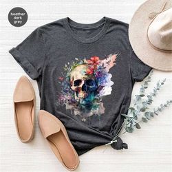 Floral Skeleton T-Shirt, Birthday Gifts for Her, Summer Outfit, Boho Clothing, Wild Flowers Graphic Tees, Womens Vneck T