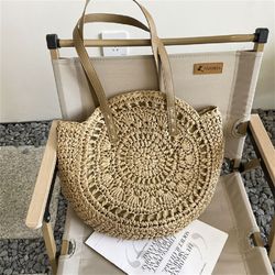 New Simple Round One Shoulder Straw Bag Vacation Seaside Beach Bag Woven Bag