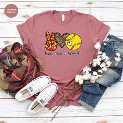 Funny Softball Shirts, Peace Love Softball, Softball Mom Outfit, Softball Player Gift, Leopard Print Vneck Tshirts, Unis