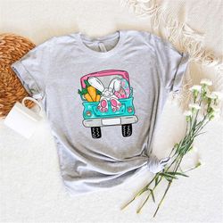 Bunny rabbit Easter Truck Shirt, rabbit in vintage vehicle happy easter shirt, cute boys girls toddler Easter Bunnies sh