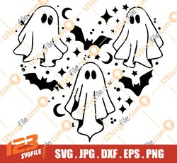 Ghost svg, Spooky season svg, Kids Halloween svg, Bat svg, Love Halloween shirt svg, Creepy ghost in heart svg,