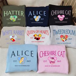 Alice In Wonderland Est 1865 Sweatshirts, Alice Characters Shirts, Tweedledum, Cheshire Cat, White Rabbit, Queen Of Hear
