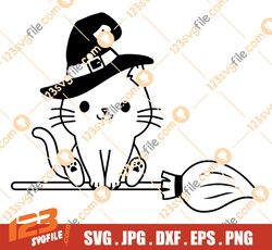 Halloween cat svg cut file Witch cat on broom Cute cat with witch hat Fall Kids Halloween shirt Silhouette Cricut Vinyl