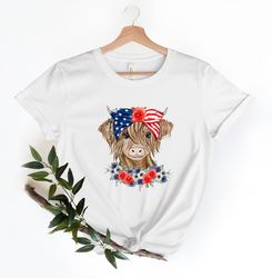 Patriotic Cow Shirt, 4th Of July T-Shirt, Independence Day Shirt, America Flag, Highl