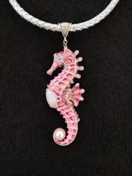 Seahorse necklace, Pink Seahorse, Pearl necklace, Seahorse jewelry