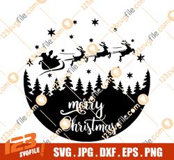 Merry Christmas Svg, Reindeer Svg, Christmas Scene With Santa Svg, Christmas Decoration, Svg Cut File, Cricut Silhouette