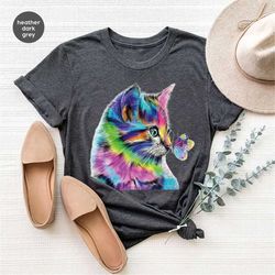 Cat Shirts, Cute Cat T-Shirt, Shirts for Women, Cat Mom Clothing, Butterfly Graphic Tees, Cat Crewneck Sweatshirt, Gift